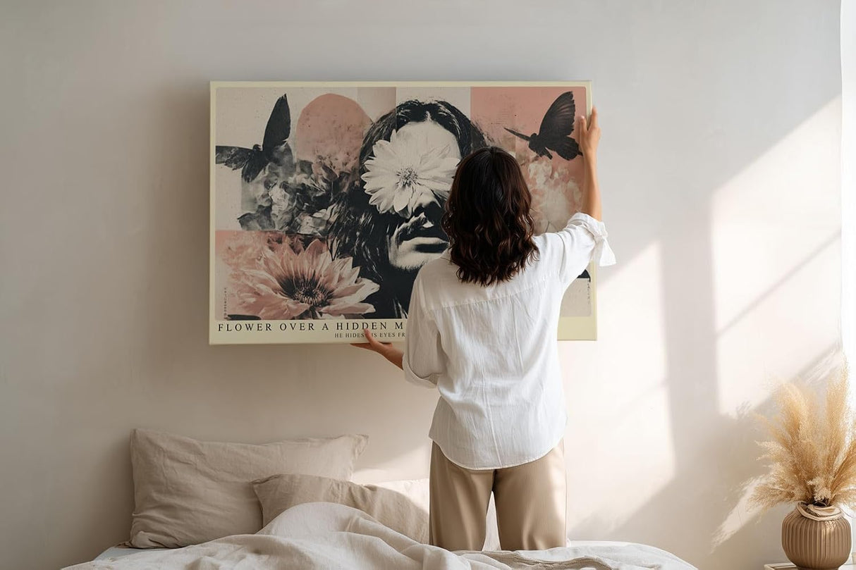 Paul Sinus Wandbild 120x80cm Surreales Blumen Portrait Moderne Kunst Collage in Beige Rosa und Schwarz für Wohnzimmer Schlafzimmer und Büro