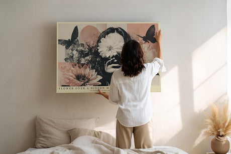 Paul Sinus Wandbild 120x80cm Surreales Blumen Portrait Moderne Kunst Collage in Beige Rosa und Schwarz für Wohnzimmer Schlafzimmer und Büro