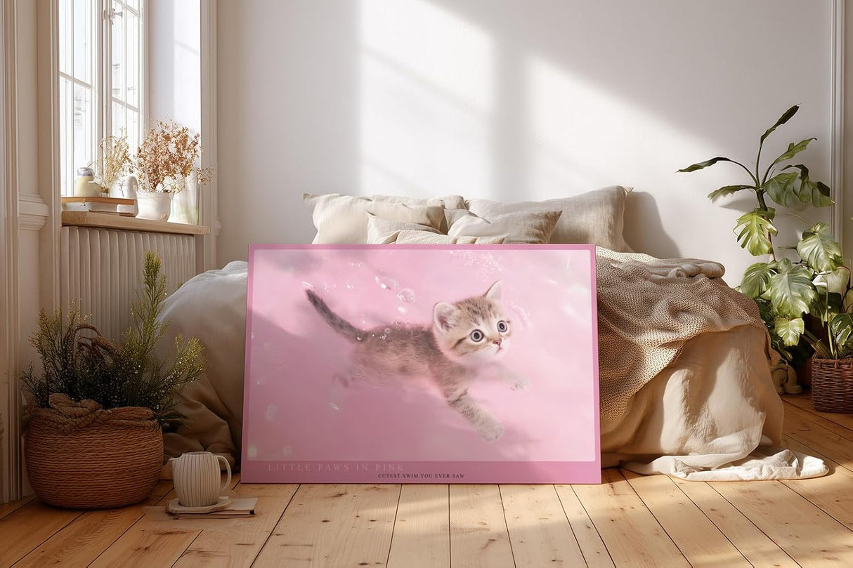 Paul Sinus Wandbild 120x80cm süßes Kätzchen rosa Hintergrund niedliche Katze Tiermotiv Pastellfarben modernes Tierbild dekorative Wanddekoration für Kinderzimmer Wohnzimmer Schlafzimmer
