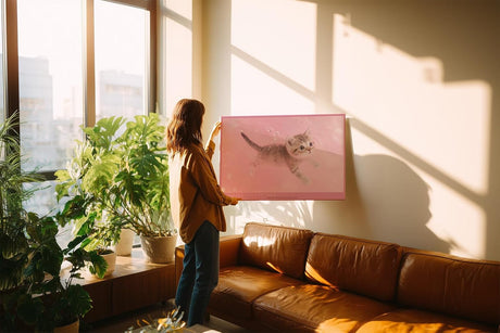 Paul Sinus Wandbild 120x80cm süßes Kätzchen rosa Hintergrund niedliche Katze Tiermotiv Pastellfarben modernes Tierbild dekorative Wanddekoration für Kinderzimmer Wohnzimmer Schlafzimmer