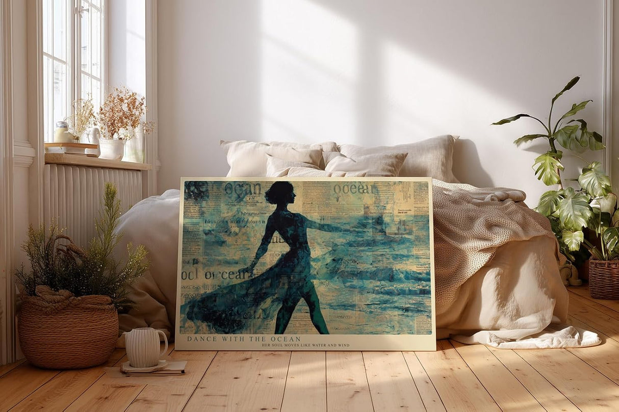 Paul Sinus Wandbild 120x80cm Tanzende Frau am Meer Abstrakte Ozean Kunst in Blau Wanddekoration
