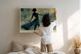 Paul Sinus Wandbild 120x80cm Tanzende Frau am Meer Abstrakte Ozean Kunst in Blau Wanddekoration