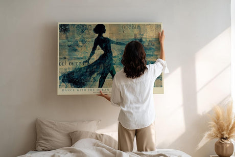 Paul Sinus Wandbild 120x80cm Tanzende Frau am Meer Abstrakte Ozean Kunst in Blau Wanddekoration