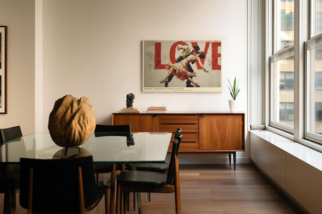Paul Sinus Wandbild 120x80cm tanzendes Paar moderne Liebeskunst rot beige abstrakte Tanzszene grosses Kunstbild romantische Wanddekoration fuer Wohnzimmer