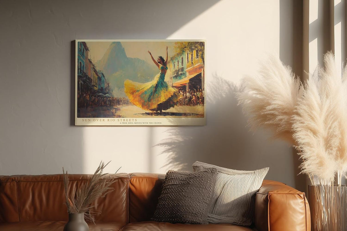 Paul Sinus Wandbild 120x80cm Tänzerin in Rio Straßen Szene Moderne Kunst in Gelb Blau und Orange für Wohnzimmer Büro und Atelier
