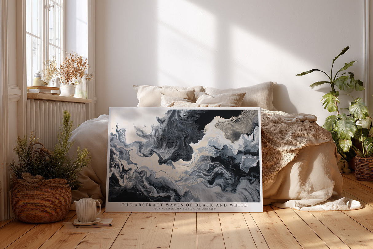 Paul Sinus Wandbild The Abstract Waves of Black and White Flowing Lines Create a Storm of Contrast