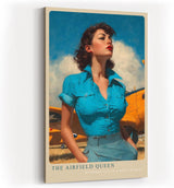 Paul Sinus Wandbild in 40x60cm The Airfield Queen mit selbstbewusster Frau im Retro-Stil vor gelbem Flugzeug für kraftvolle Wandgestaltung