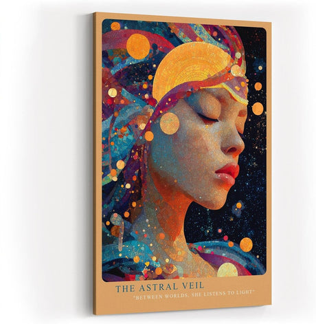 Paul Sinus Wandbild in 40x60cm The Astral Veil Künstlerisches Frauenporträt mit kosmischen Elementen und goldenen Akzenten für mystische Raumgestaltung