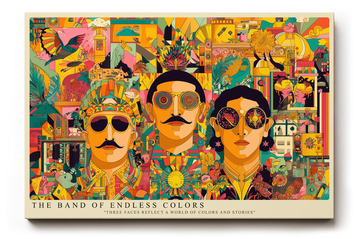 Paul Sinus Wandbild The Band of Endless Colors Farbexplosion in Form dreier stilisierter Porträts, die in einem kaleidoskopischen Muster voller Leben und Fantasie erscheinen.