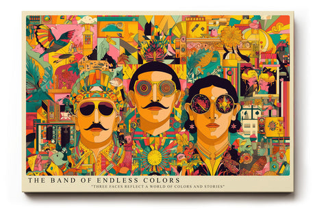 Paul Sinus Wandbild The Band of Endless Colors Farbexplosion in Form dreier stilisierter Porträts, die in einem kaleidoskopischen Muster voller Leben und Fantasie erscheinen.