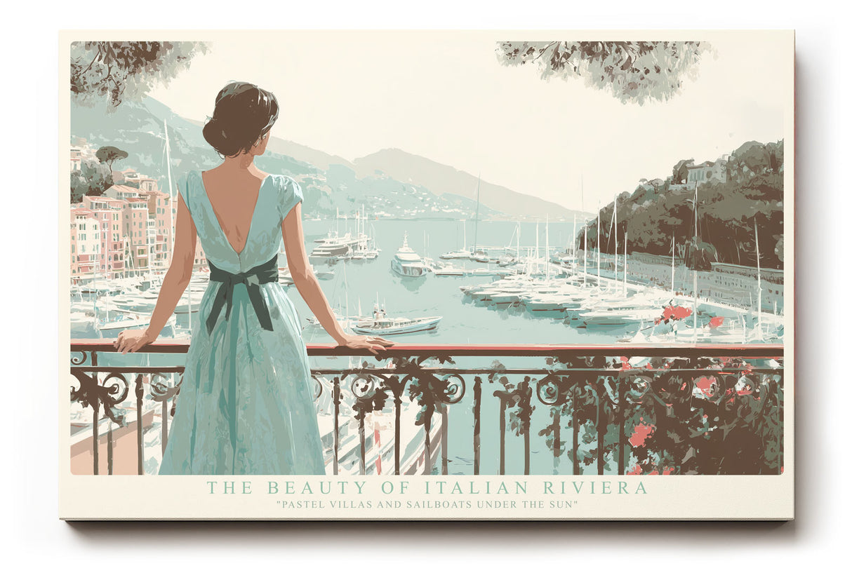 Paul Sinus Wandbild The Beauty of Italian Riviera – Romantisches Küstenmotiv mit Frau auf Balkon und Blick auf den Hafen, Symbol für Eleganz, Freiheit und mediterranes Lebensgefühl