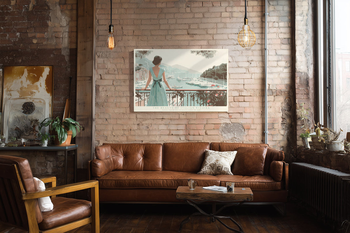Paul Sinus Wandbild The Beauty of Italian Riviera – Romantisches Küstenmotiv mit Frau auf Balkon und Blick auf den Hafen, Symbol für Eleganz, Freiheit und mediterranes Lebensgefühl