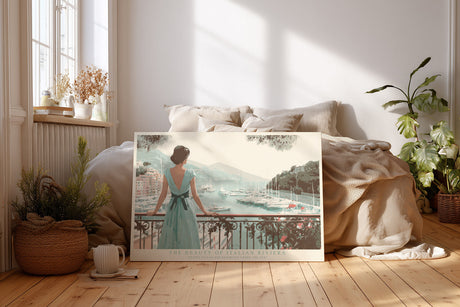 Paul Sinus Wandbild The Beauty of Italian Riviera – Romantisches Küstenmotiv mit Frau auf Balkon und Blick auf den Hafen, Symbol für Eleganz, Freiheit und mediterranes Lebensgefühl