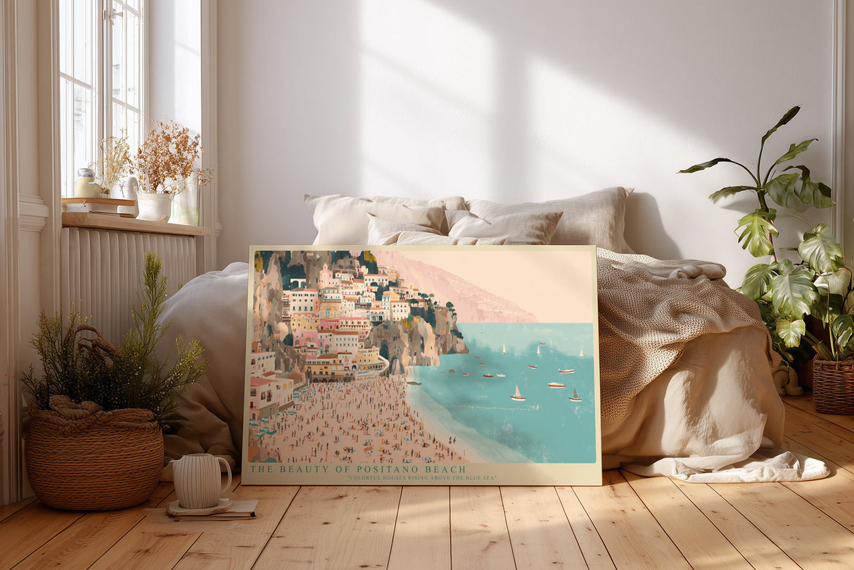 Paul Sinus Wandbild The Beauty of Positano Beach – Farbenfrohe Häuser über dem blauen Meer