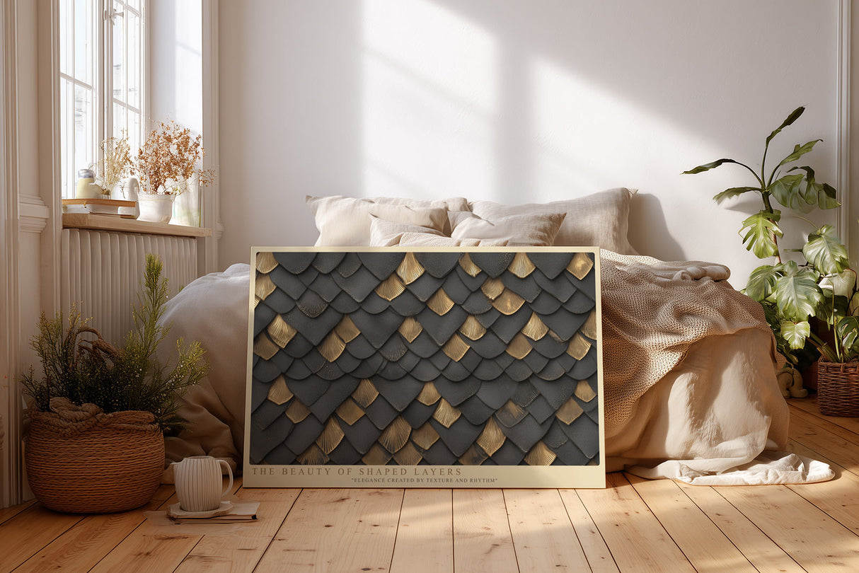 Paul Sinus Wandbild The Beauty of Shaped Layers abstraktes Strukturmotiv mit goldenen und schwarzen Schuppenmustern