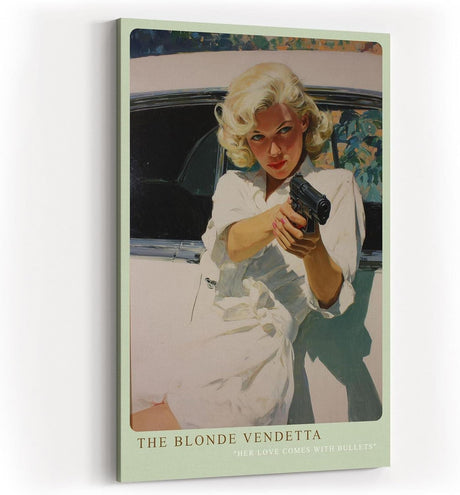 Paul Sinus Wandbild in 40x60cm The Blonde Vendetta – Blonde Frau mit Pistole im Retro-Pin-up-Stil