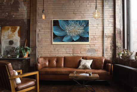 Paul Sinus Wandbild The Bloom of Cosmic Light leuchtendes Blumenmotiv in Blau und Gold mit kosmischer Struktur