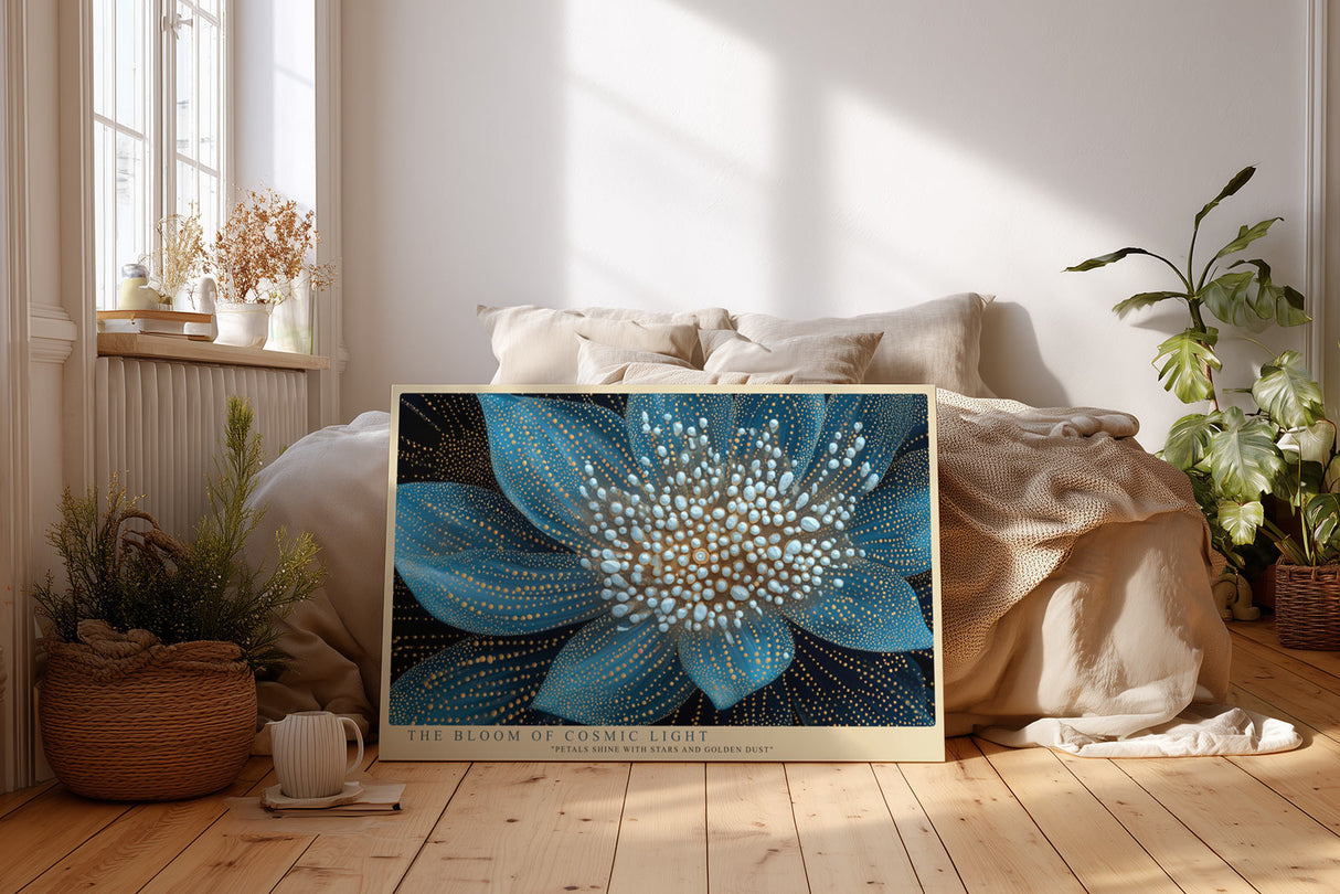 Paul Sinus Wandbild The Bloom of Cosmic Light leuchtendes Blumenmotiv in Blau und Gold mit kosmischer Struktur