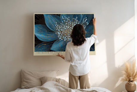 Paul Sinus Wandbild The Bloom of Cosmic Light leuchtendes Blumenmotiv in Blau und Gold mit kosmischer Struktur