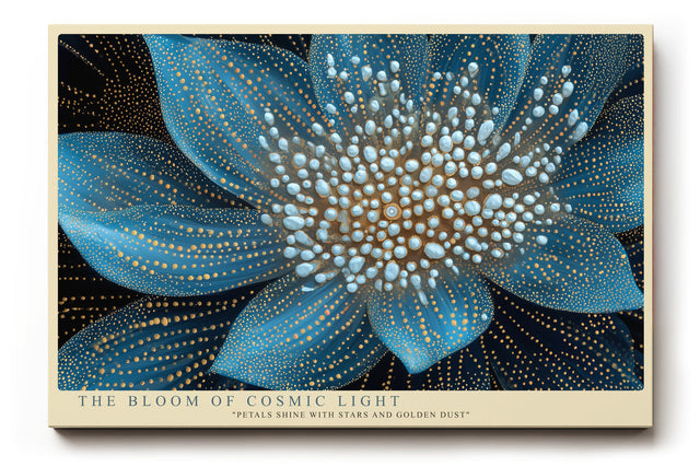 Paul Sinus Wandbild The Bloom of Cosmic Light leuchtendes Blumenmotiv in Blau und Gold mit kosmischer Struktur