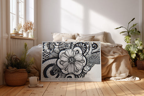 Paul Sinus Wandbild The Bloom of Inked Dreams – Detaillierte Schwarz-Weiß-Zeichnung einer Blume mit filigranen Mustern, künstlerisches Linienmotiv