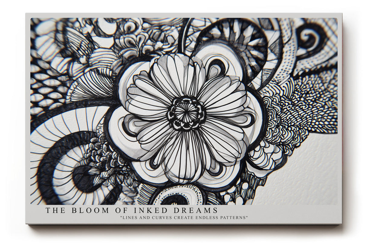 Paul Sinus Wandbild The Bloom of Inked Dreams – Detaillierte Schwarz-Weiß-Zeichnung einer Blume mit filigranen Mustern, künstlerisches Linienmotiv