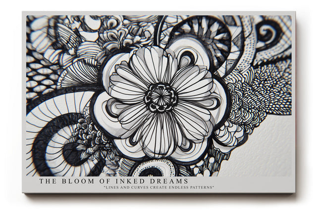 Paul Sinus Wandbild The Bloom of Inked Dreams – Detaillierte Schwarz-Weiß-Zeichnung einer Blume mit filigranen Mustern, künstlerisches Linienmotiv