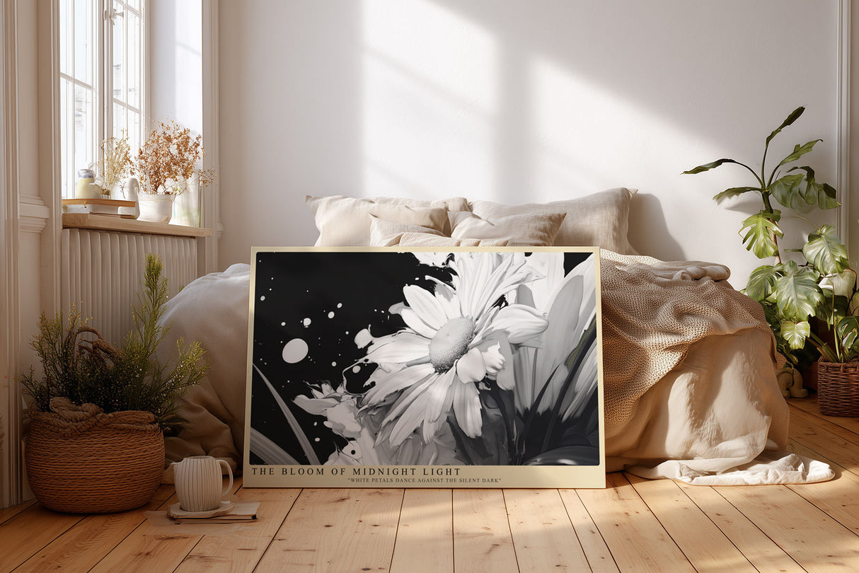 Paul Sinus Wandbild The Bloom of Midnight Light Künstlerisches Schwarz-Weiß-Motiv einer Blüte im Kontrast aus Licht und Dunkelheit – Symbol für Reinheit und Stärke.