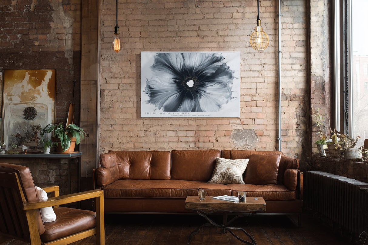 Paul Sinus Wandbild The Bloom of Shadows – abstrakte Blüte in Schwarz-Weiß symbolisiert Kontrast, Energie und die Verschmelzung von Licht und Dunkelheit