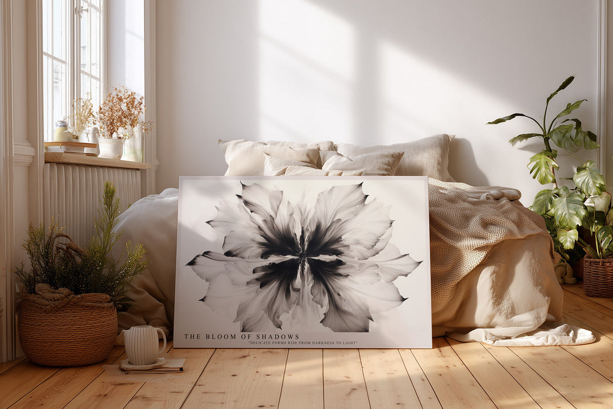 Paul Sinus Wandbild The Bloom of Shadows abstraktes Blumenmotiv in Schwarz Weiß mit ausdrucksstarker Form und Tiefe