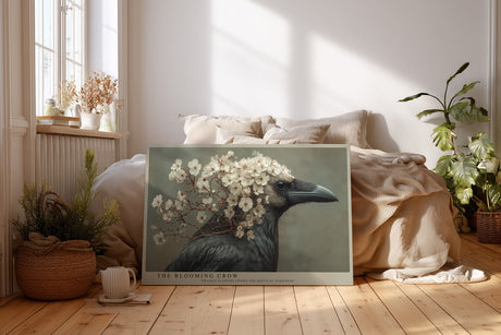 Paul Sinus Wandbild The Blooming Crow – Ausdrucksvolles Krähenporträt mit zarten Blüten, Symbol für Dualität von Stärke und Zerbrechlichkeit