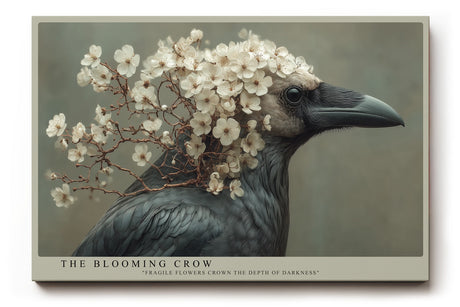 Paul Sinus Wandbild The Blooming Crow – Ausdrucksvolles Krähenporträt mit zarten Blüten, Symbol für Dualität von Stärke und Zerbrechlichkeit