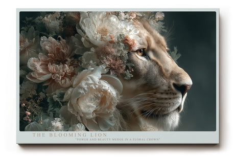 Paul Sinus Wandbild The Blooming Lion Majestätisches Porträt eines Löwen, umgeben von einem Kranz aus zarten Blüten – Symbol für Kraft und Anmut.