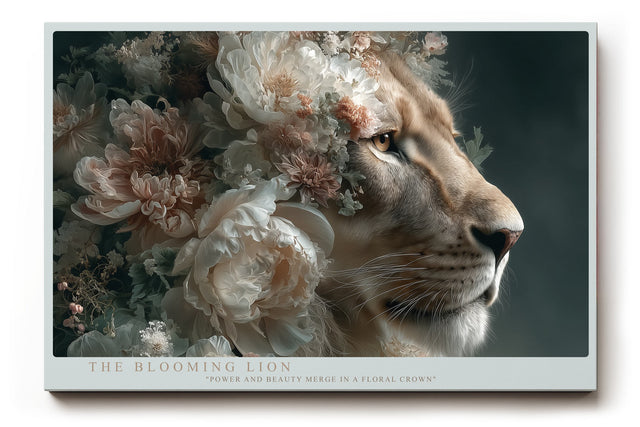 Paul Sinus Wandbild The Blooming Lion Majestätisches Porträt eines Löwen, umgeben von einem Kranz aus zarten Blüten – Symbol für Kraft und Anmut.