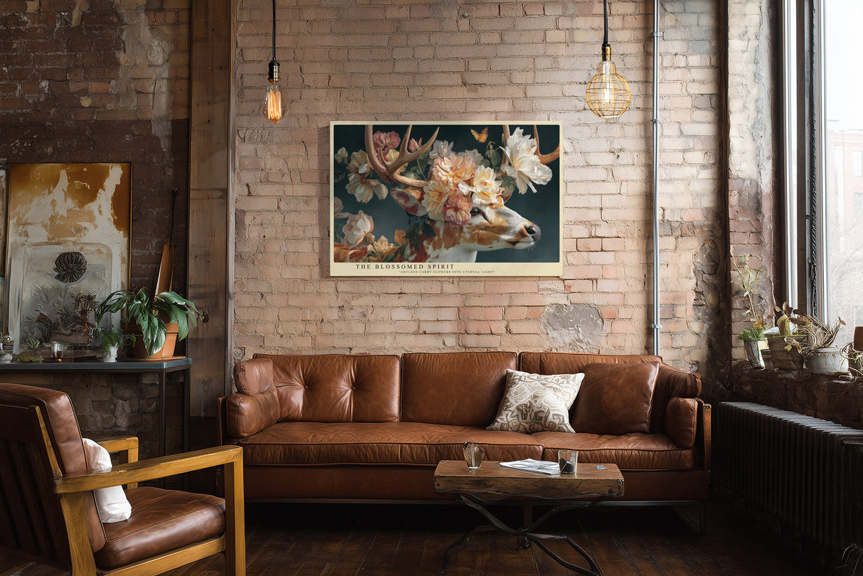 Paul Sinus Wandbild The Blossomed Spirit – Hirsch mit Blumenkranz und Schmetterling, Symbol für Eleganz, Anmut und das Erwachen der Natur