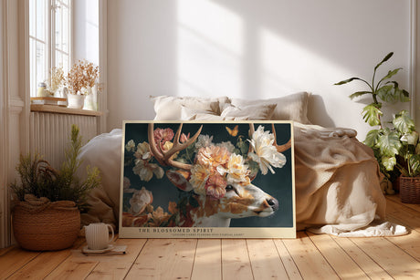Paul Sinus Wandbild The Blossomed Spirit – Hirsch mit Blumenkranz und Schmetterling, Symbol für Eleganz, Anmut und das Erwachen der Natur