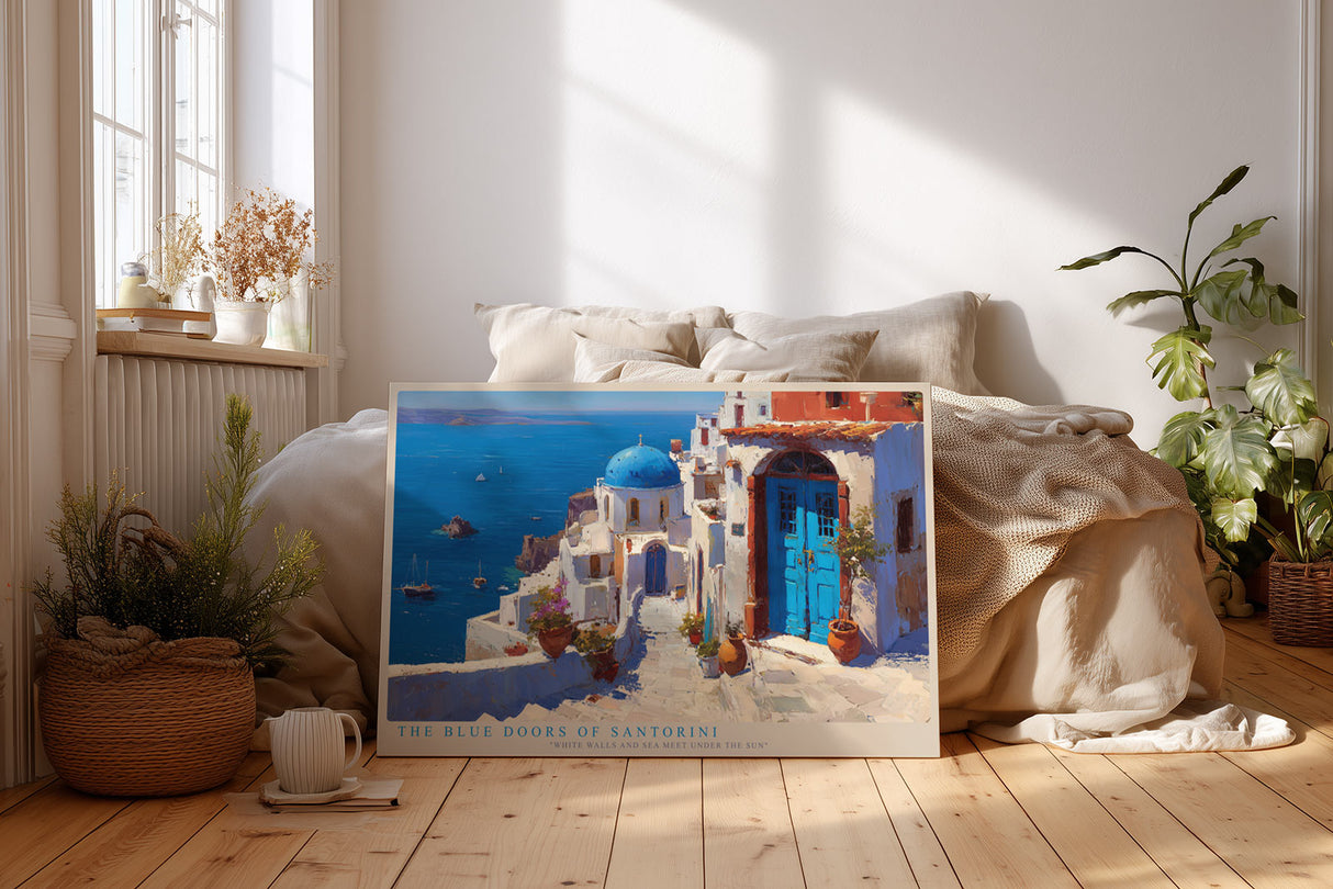 Paul Sinus Wandbild The Blue Doors of Santorini mediterranes Küstenmotiv mit weißen Häusern und blauen Kuppeln