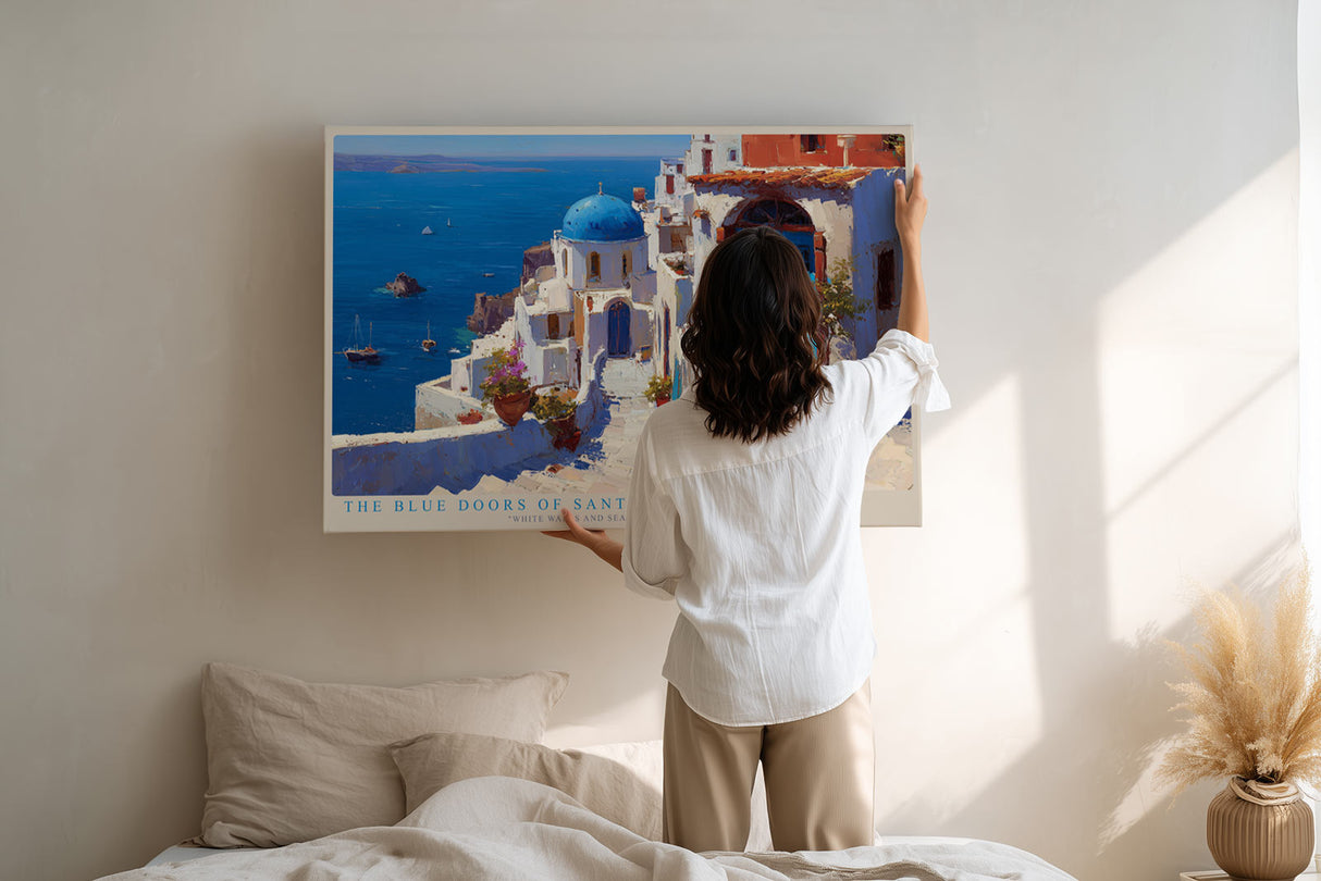 Paul Sinus Wandbild The Blue Doors of Santorini mediterranes Küstenmotiv mit weißen Häusern und blauen Kuppeln