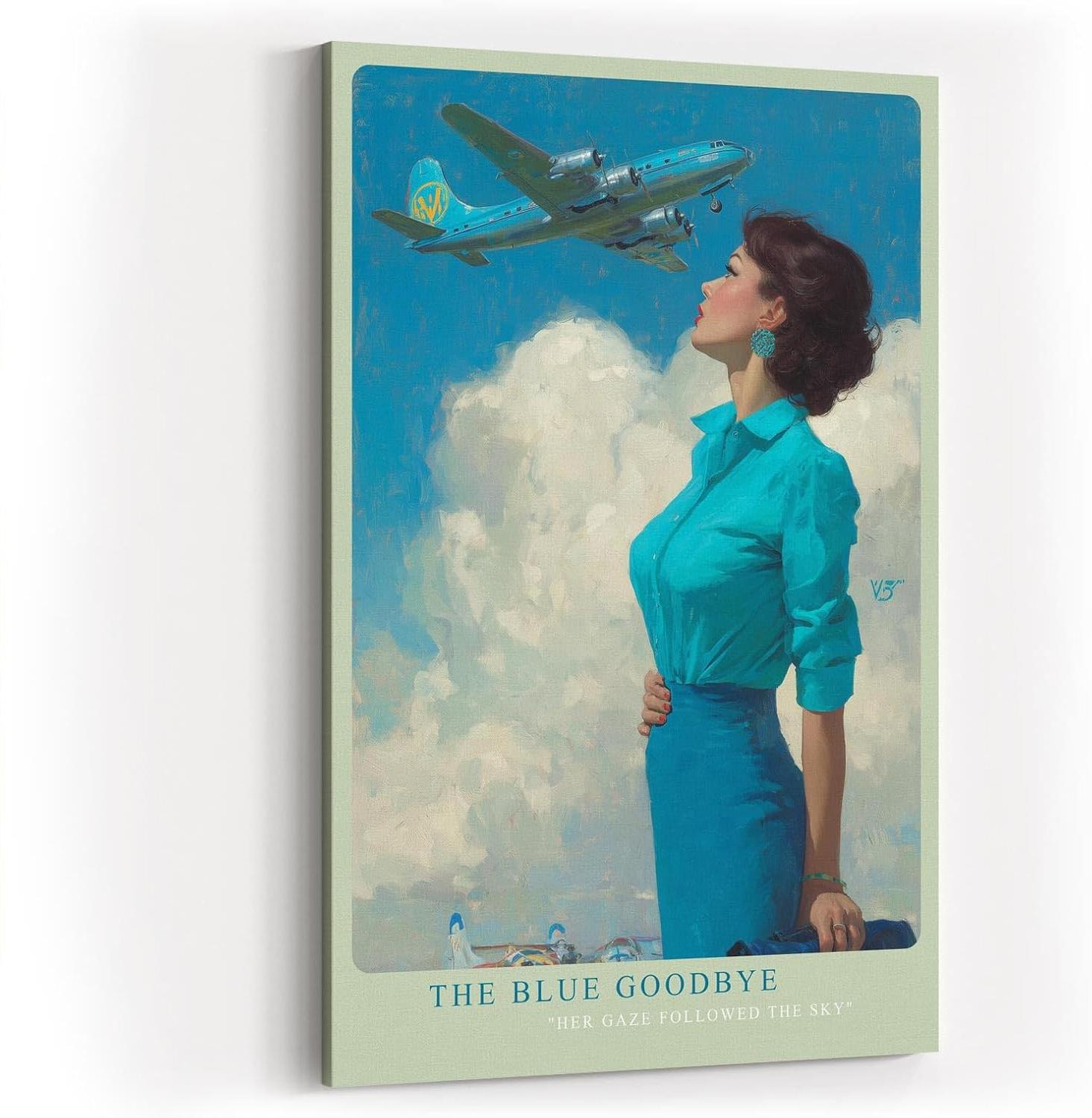Paul Sinus Wandbild in 40x60cm The Blue Goodbye mit stilvoller Frau im Retro-Look und Flugzeug am Himmel für elegante Wandgestaltung