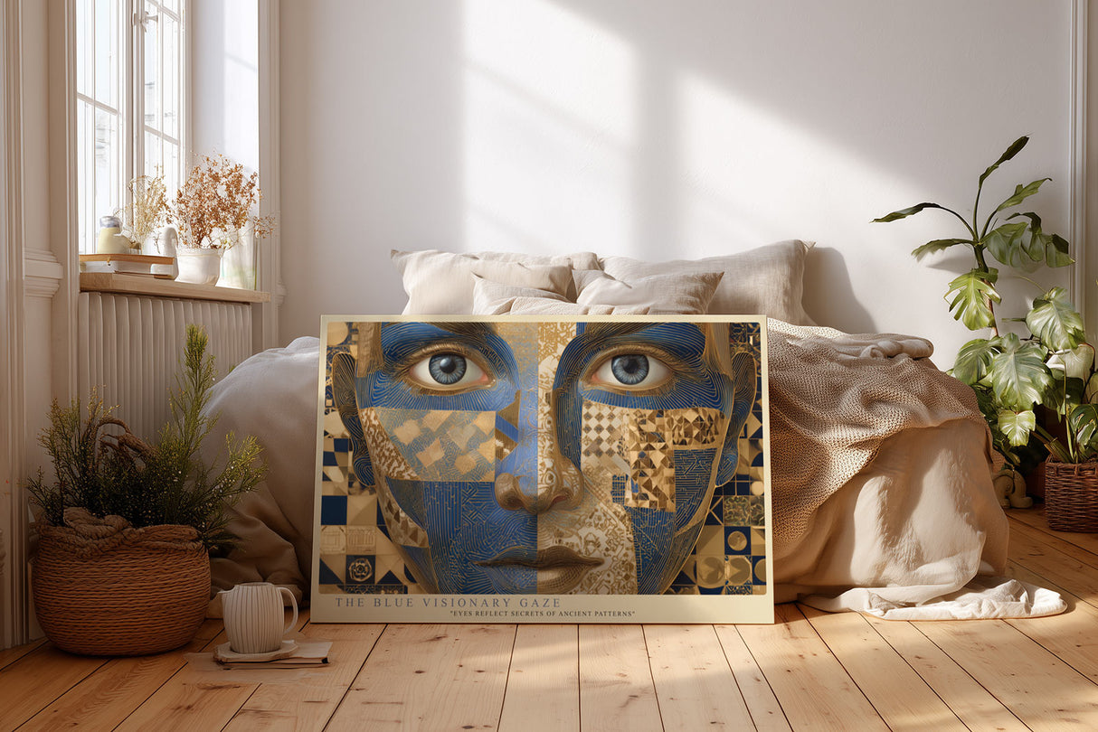 Paul Sinus Wandbild The Blue Visionary Gaze – Futuristisches Porträt mit blauen und goldenen Mustern, Symbol für Erkenntnis und kreative Energie