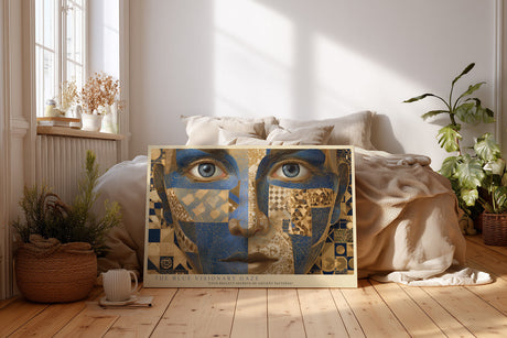 Paul Sinus Wandbild The Blue Visionary Gaze – Futuristisches Porträt mit blauen und goldenen Mustern, Symbol für Erkenntnis und kreative Energie