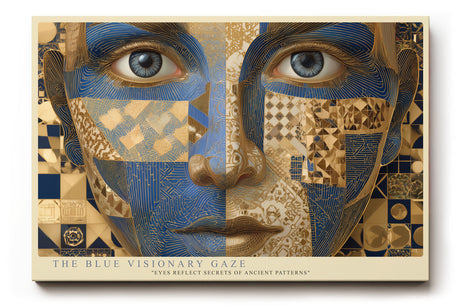 Paul Sinus Wandbild The Blue Visionary Gaze – Futuristisches Porträt mit blauen und goldenen Mustern, Symbol für Erkenntnis und kreative Energie