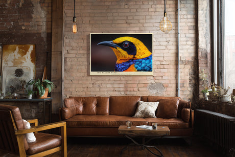 Paul Sinus Wandbild The Bright Bird farbenprächtiges Vogelmotiv in leuchtenden Blau-, Gelb- und Orangetönen