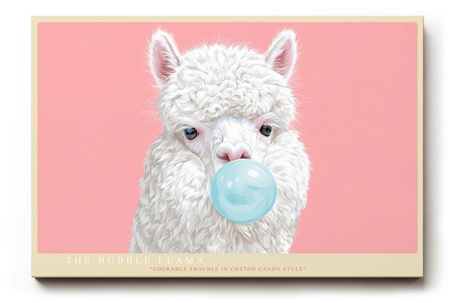 Paul Sinus Wandbild The Bubble Llama humorvolles Tiermotiv mit Lama und Kaugummiblase auf rosafarbenem Hintergrund für moderne Wohnräume voller Witz und Stil