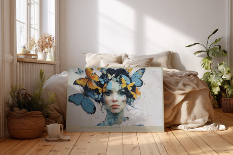 Paul Sinus Wandbild The Butterfly Crown – Poetisches Frauenporträt mit blauen und gelben Schmetterlingen, Symbol für Leichtigkeit und innere Schönheit