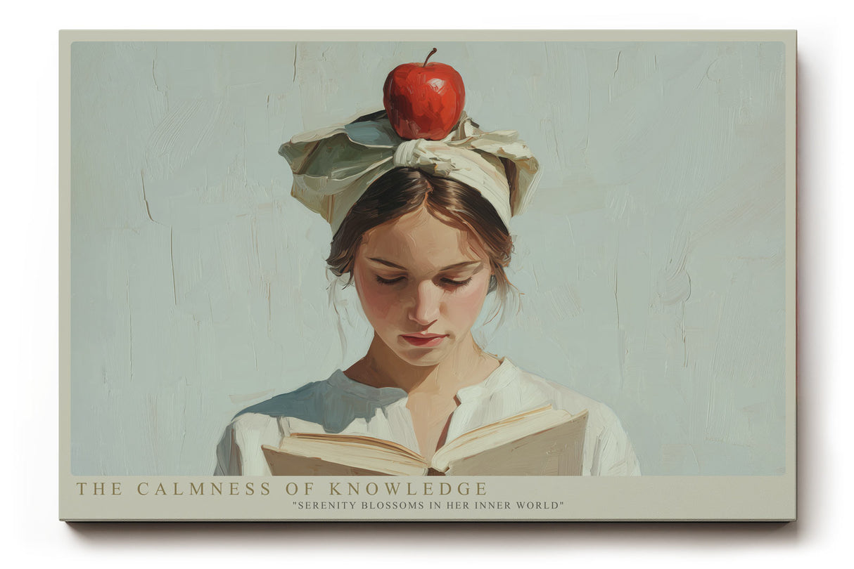 Paul Sinus Wandbild The Calmness of Knowledge – Zeitloses Porträt einer lesenden Frau mit Apfel – Kunstvolles Wandbild zwischen Ruhe, Symbolik und Intellekt.