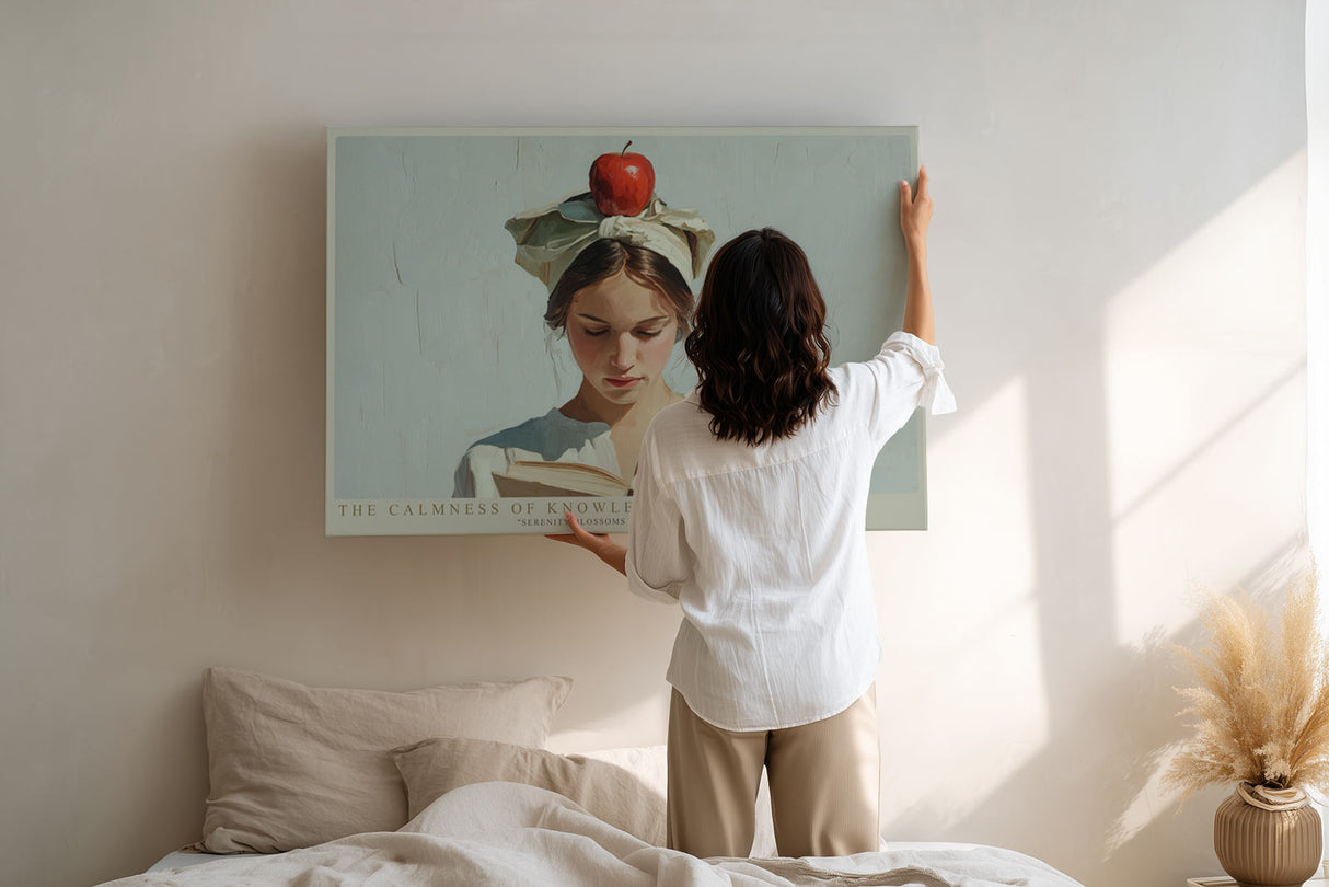 Paul Sinus Wandbild The Calmness of Knowledge – Zeitloses Porträt einer lesenden Frau mit Apfel – Kunstvolles Wandbild zwischen Ruhe, Symbolik und Intellekt.
