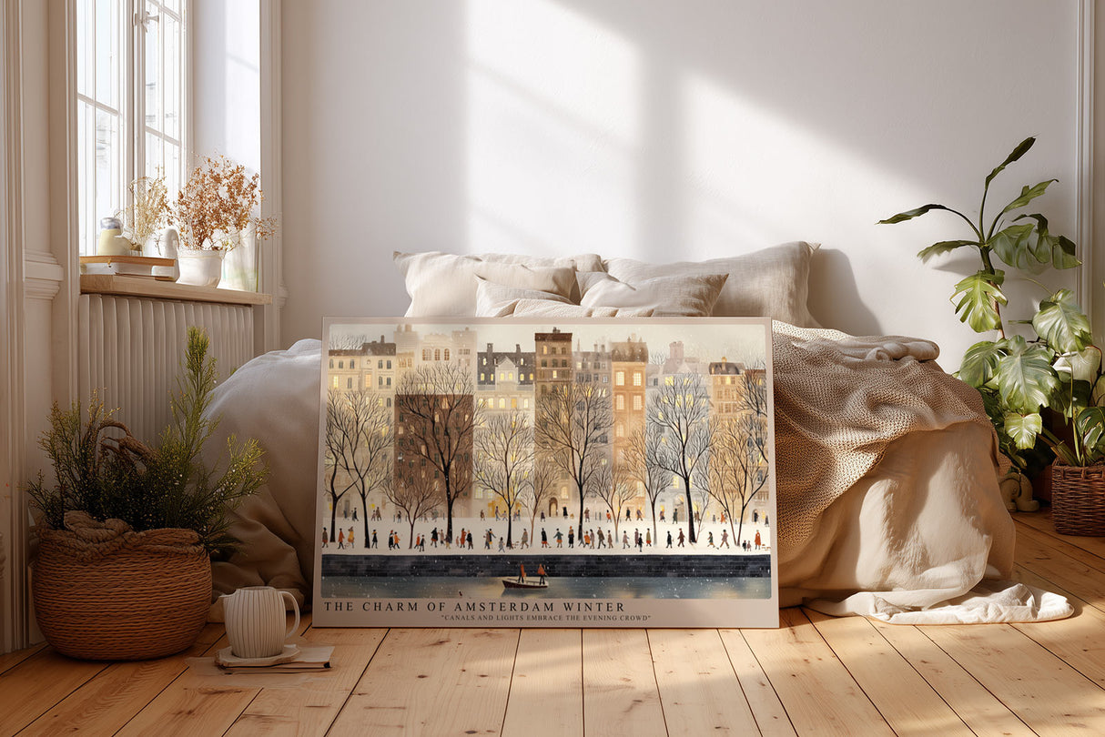 Paul Sinus Wandbild The Charm of Amsterdam Winter – Stimmungsvolles Stadtbild mit winterlicher Kulisse, Spaziergänger entlang der Kanäle im Abendlicht