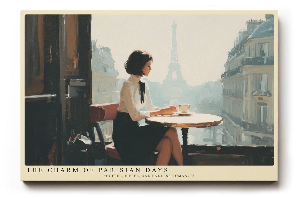 Paul Sinus Wandbild The Charm of Parisian Days stilvolles Stadtmotiv einer Frau im Café mit Blick auf den Eiffelturm im sanften Morgenlicht