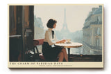 Paul Sinus Wandbild The Charm of Parisian Days stilvolles Stadtmotiv einer Frau im Café mit Blick auf den Eiffelturm im sanften Morgenlicht